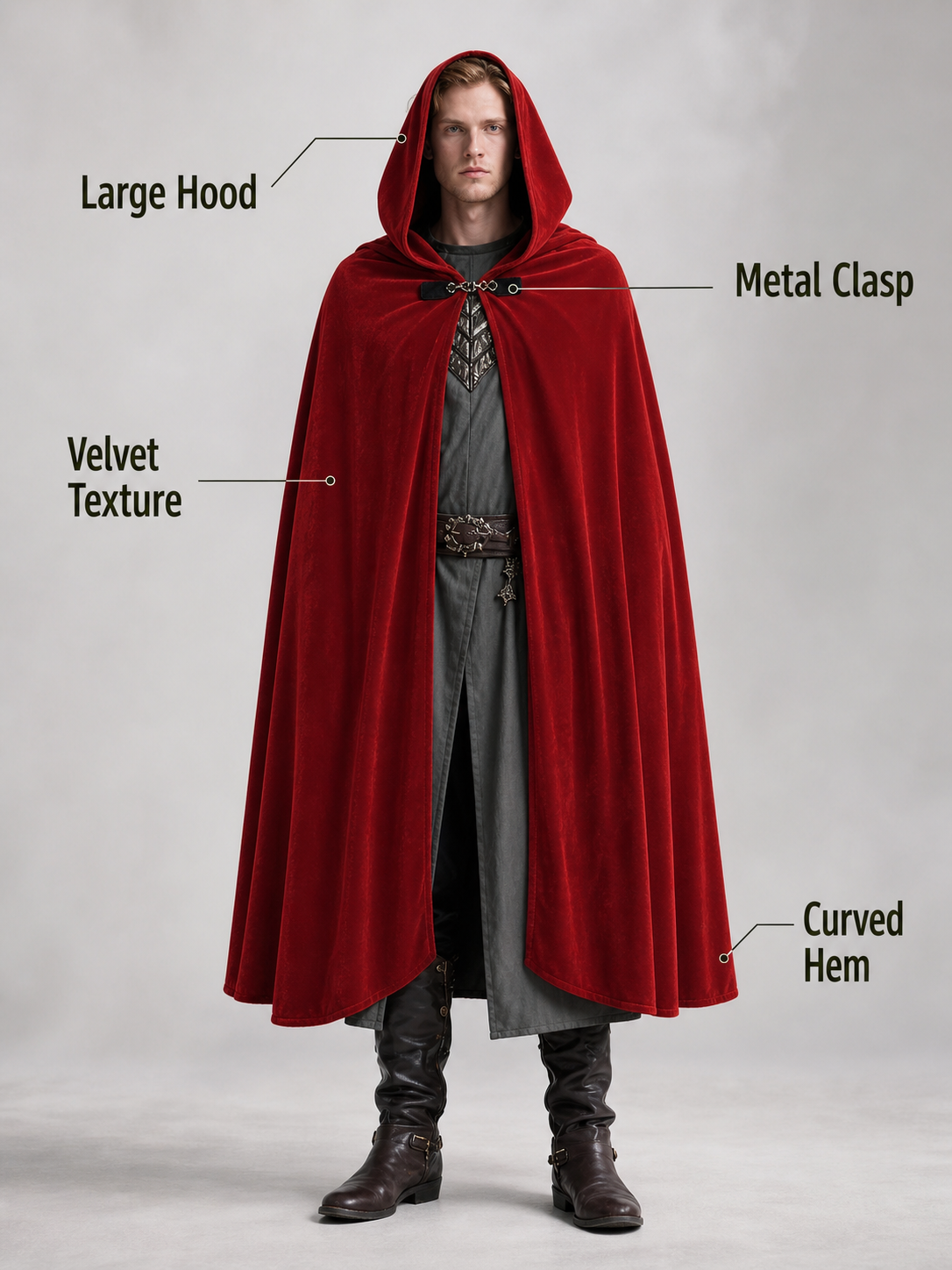 Medieval Hooded Cape, Long Flowing Bright Red Cloak with Oversized Hood and Toggle Closure for Cosplay Costume Parties