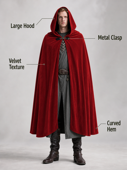 Medieval Hooded Cape, Long Flowing Bright Red Cloak with Oversized Hood and Toggle Closure for Cosplay Costume Parties