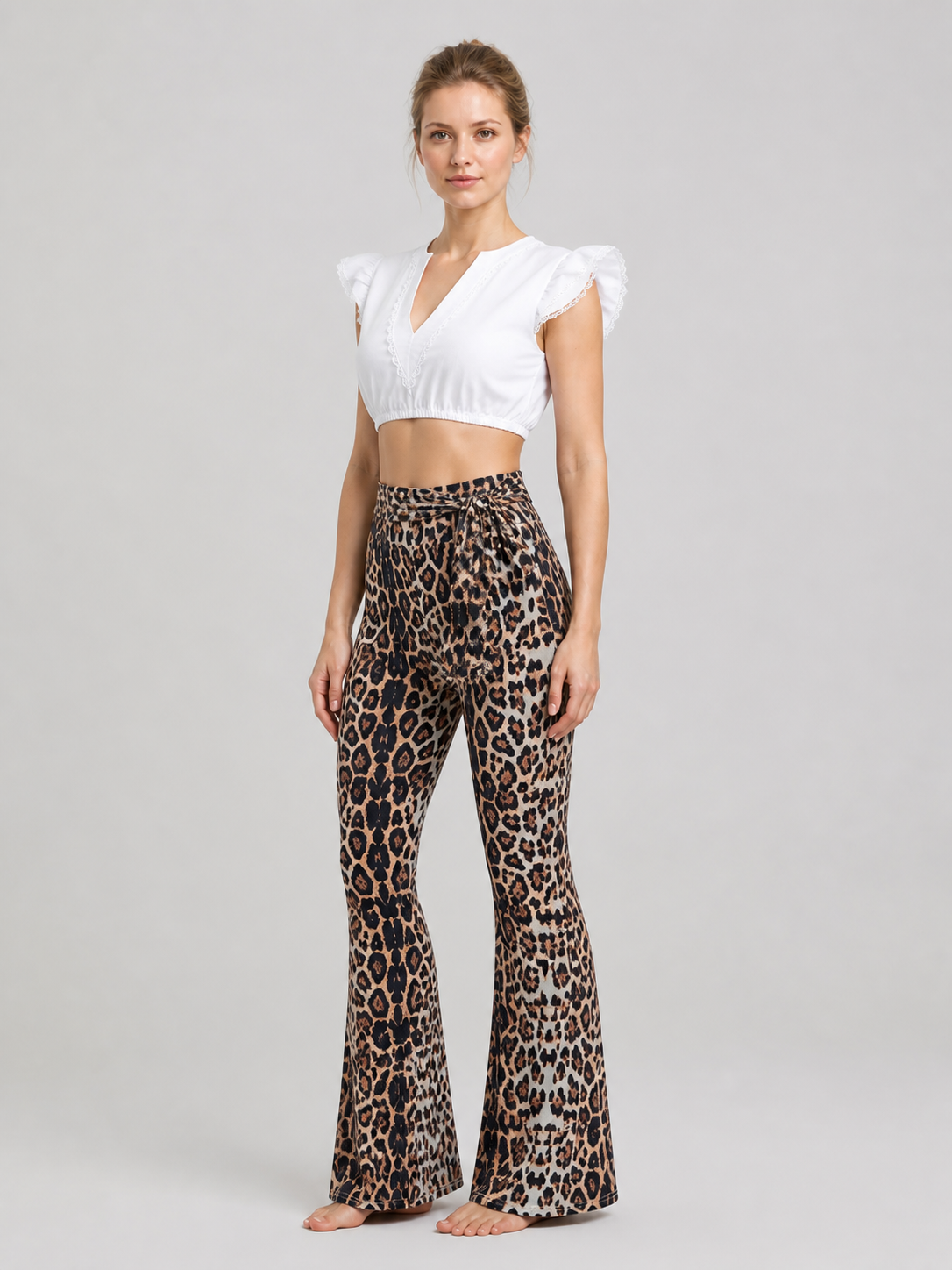 Clothing Set: White Top and Leopard Flare Pants side view