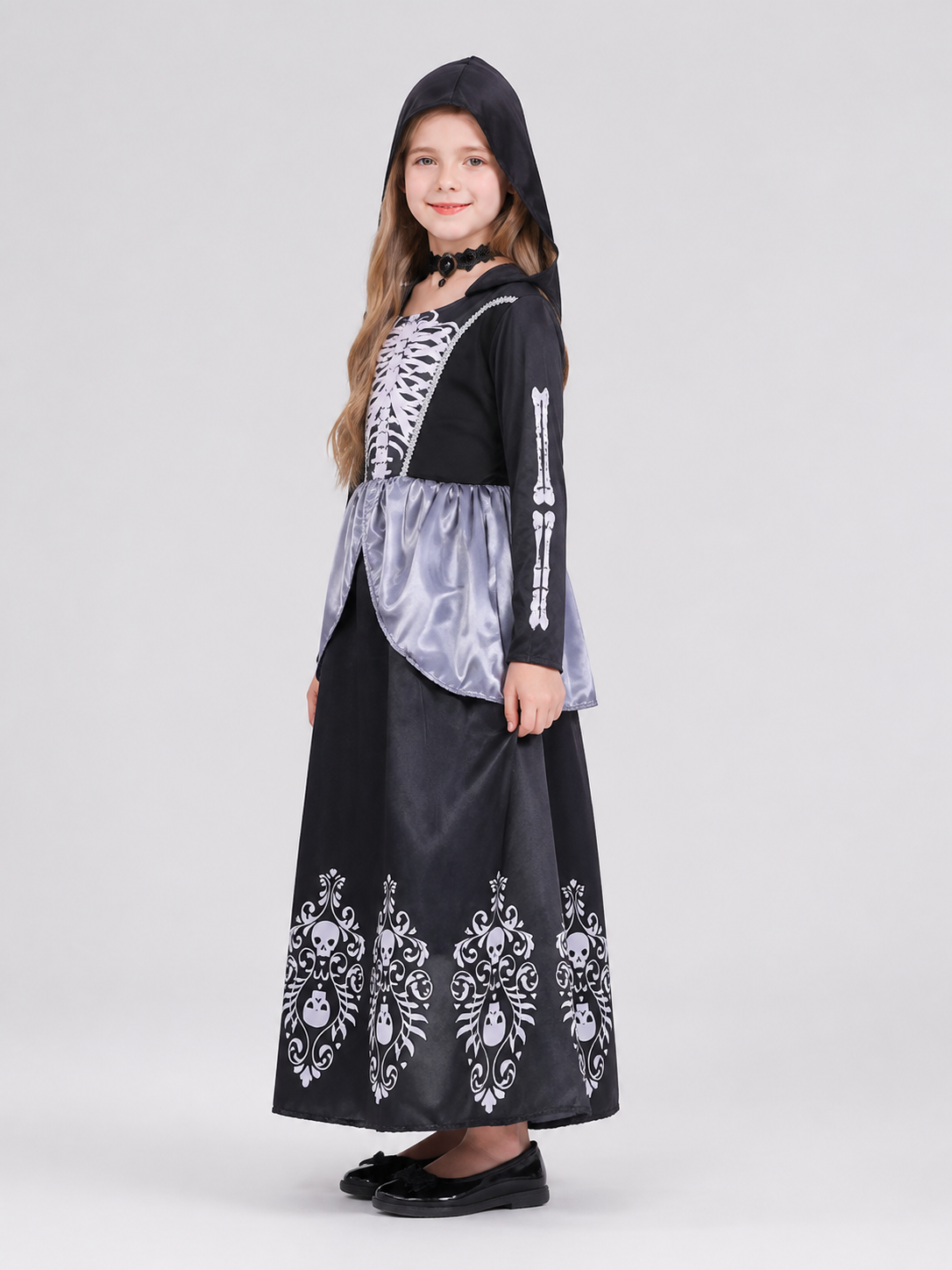 Children's Halloween Dress Costume with Hood and Skeleton side view