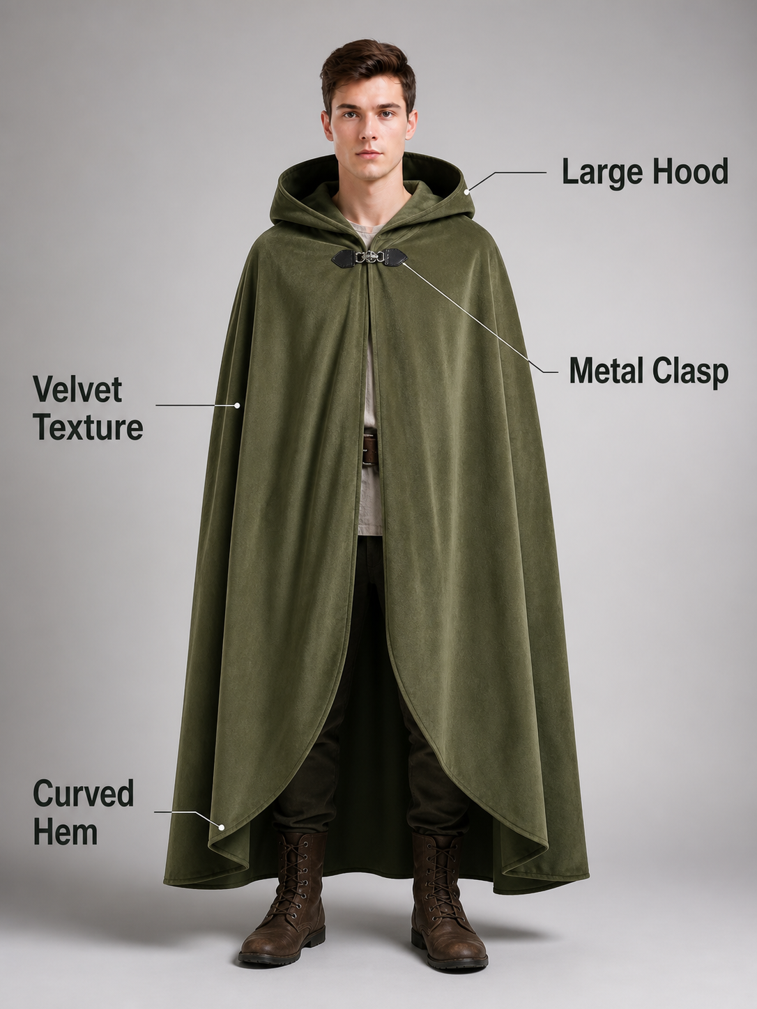 Medieval Hooded Cloak, Olive Green Full-Length Cape with Pointed Hood and Front Tie for Cosplay and Role-Playing