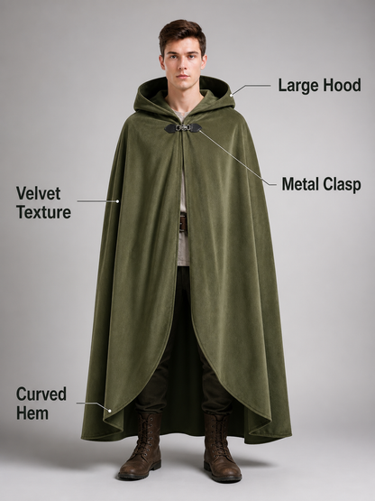 Medieval Hooded Cloak, Olive Green Full-Length Cape with Pointed Hood and Front Tie for Cosplay and Role-Playing