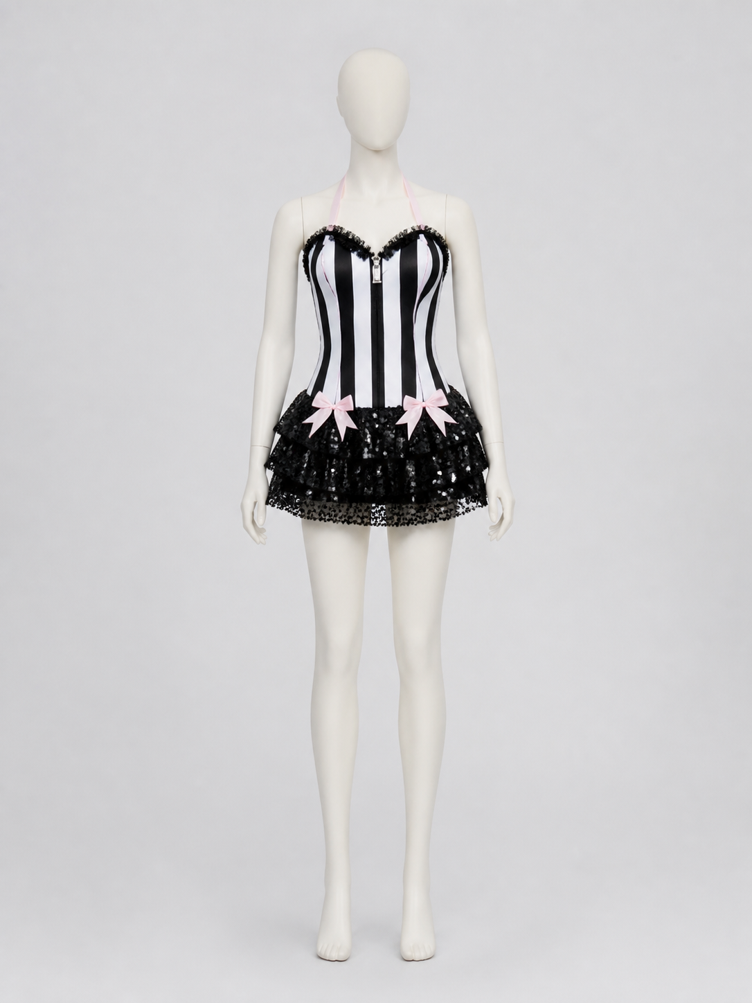 Black-and-White Striped Stage Costume with Pink Bow side view