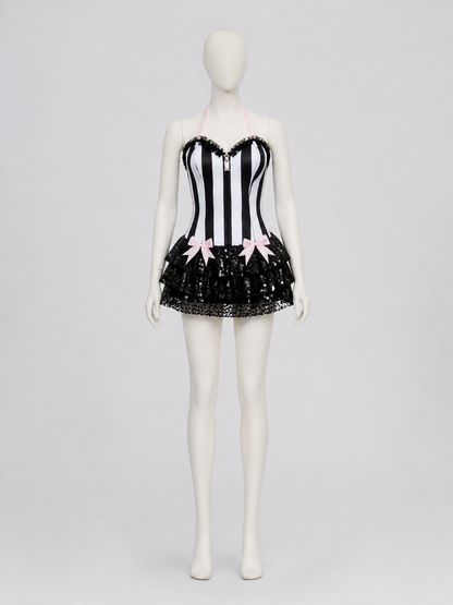 Black-and-White Striped Stage Costume with Pink Bow side view