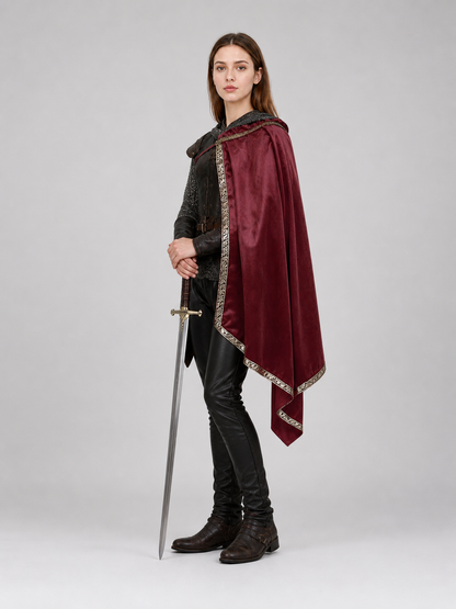 Burgundy velvet-look hooded costume cape product view 63