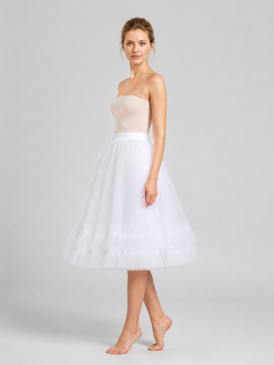 White Layered Tutu Skirt with Elastic Waistband and Ruffles side view