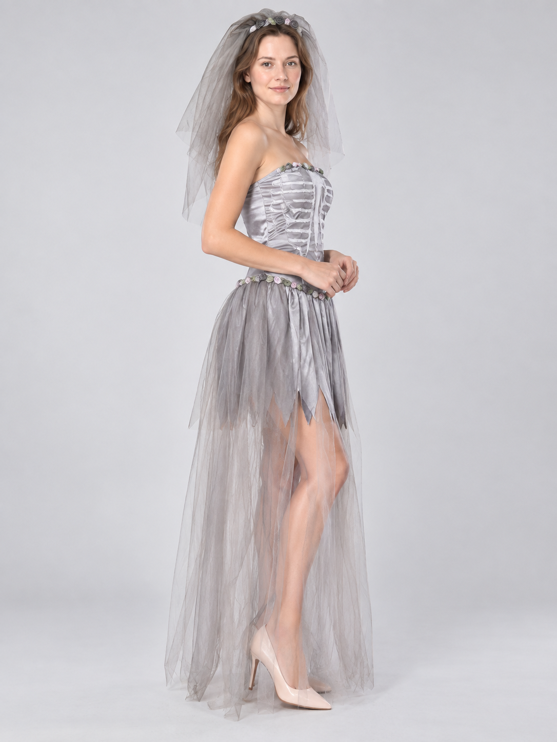 Ghost Bride Carnival Costume with Veil, Silver