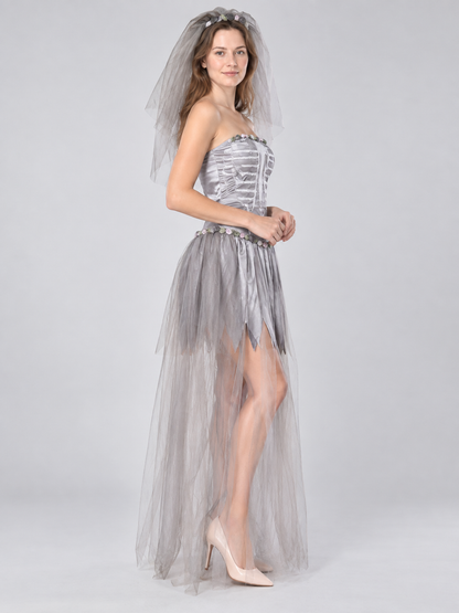 Ghost Bride Carnival Costume with Veil, Silver