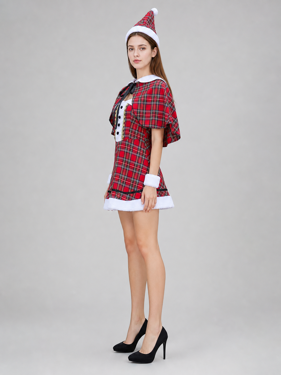 Retro Costume: Plaid Dress with Short Cape side view