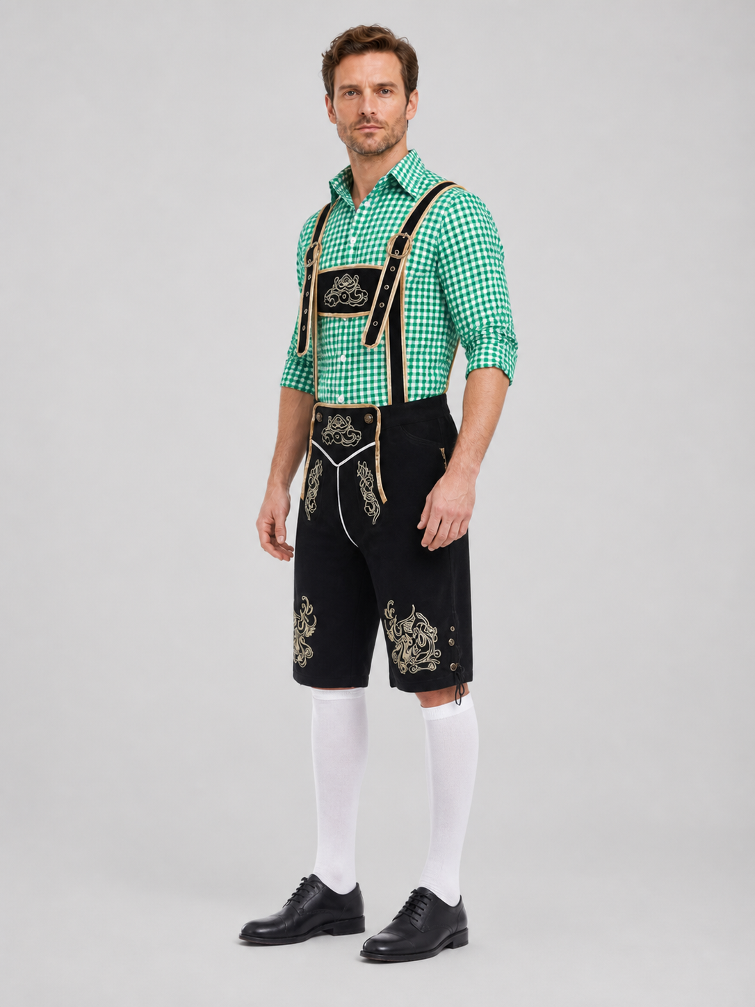 Bavarian Costume: Plaid Shirt, Shorts, and Hat side view