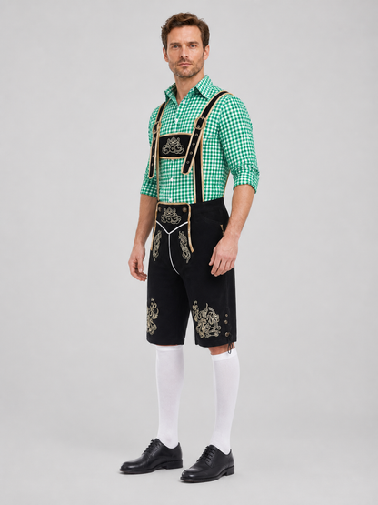 Bavarian Costume: Plaid Shirt, Shorts, and Hat side view