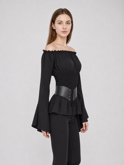 Black Gothic Peplum Top with Lace-Up Belt