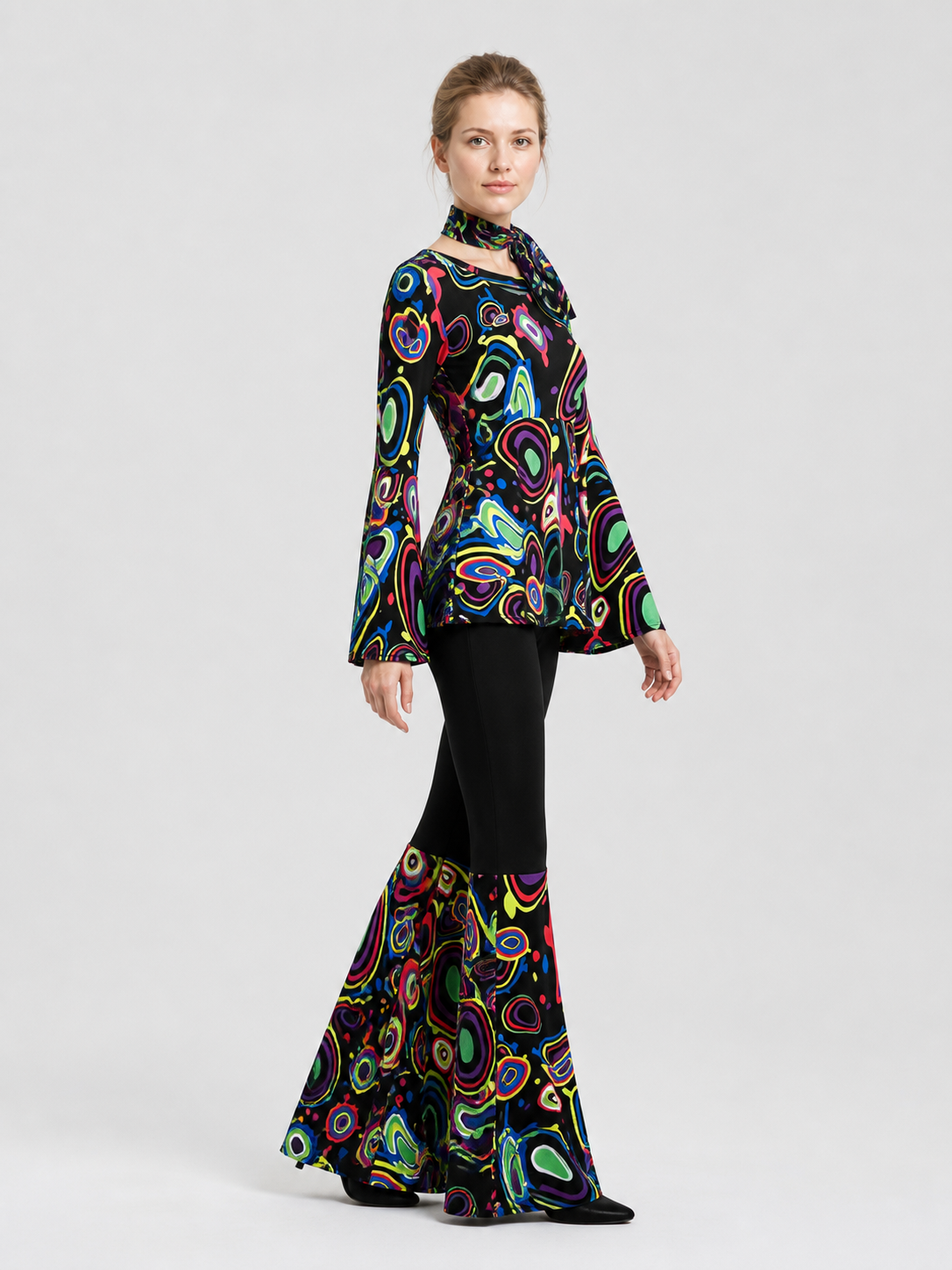 70s Stage Costume: Psychedelic Print, Flared Pants side view