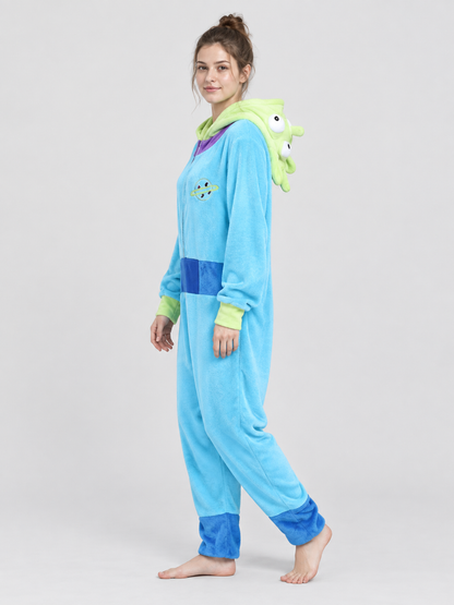Pajama Jumpsuit with Puffy Hood and Zipper