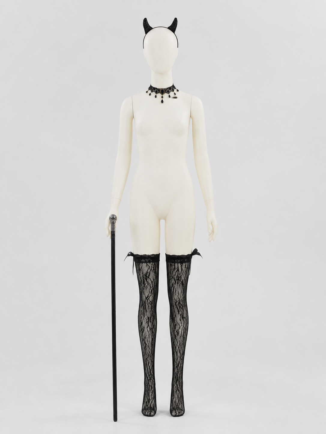 Gothic Accessories Set: Horns, Choker, Stockings, Cane side view