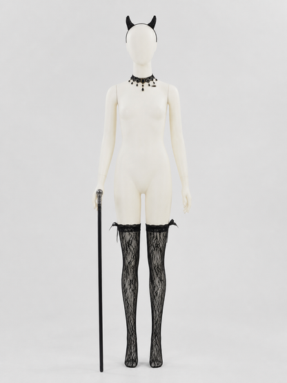 Gothic Accessories Set: Horns, Choker, Stockings, Cane side view