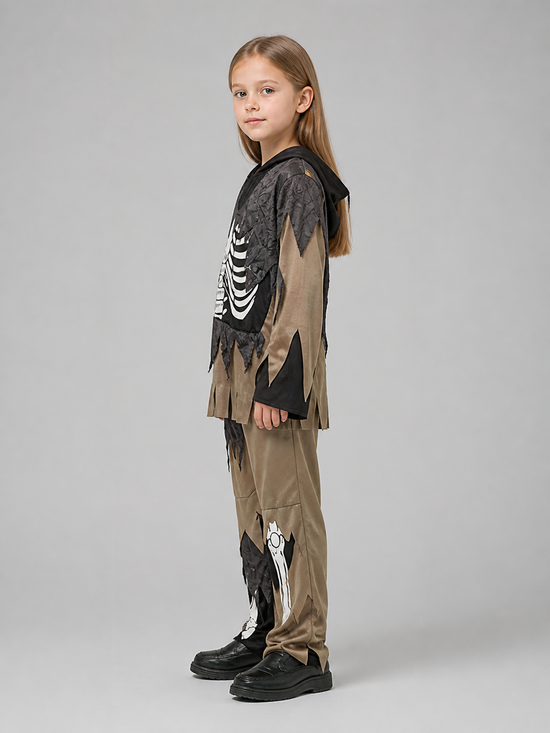 Hooded costume with a skeleton print and torn panels side view