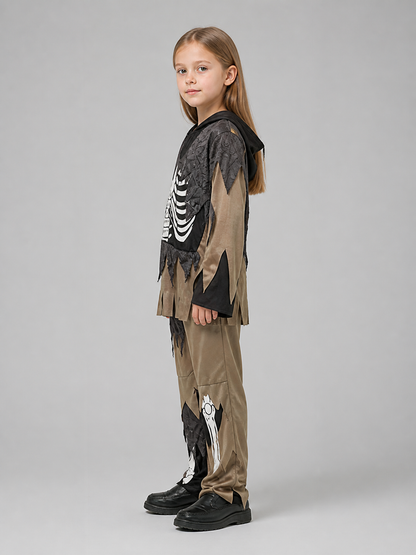 Hooded costume with a skeleton print and torn panels side view