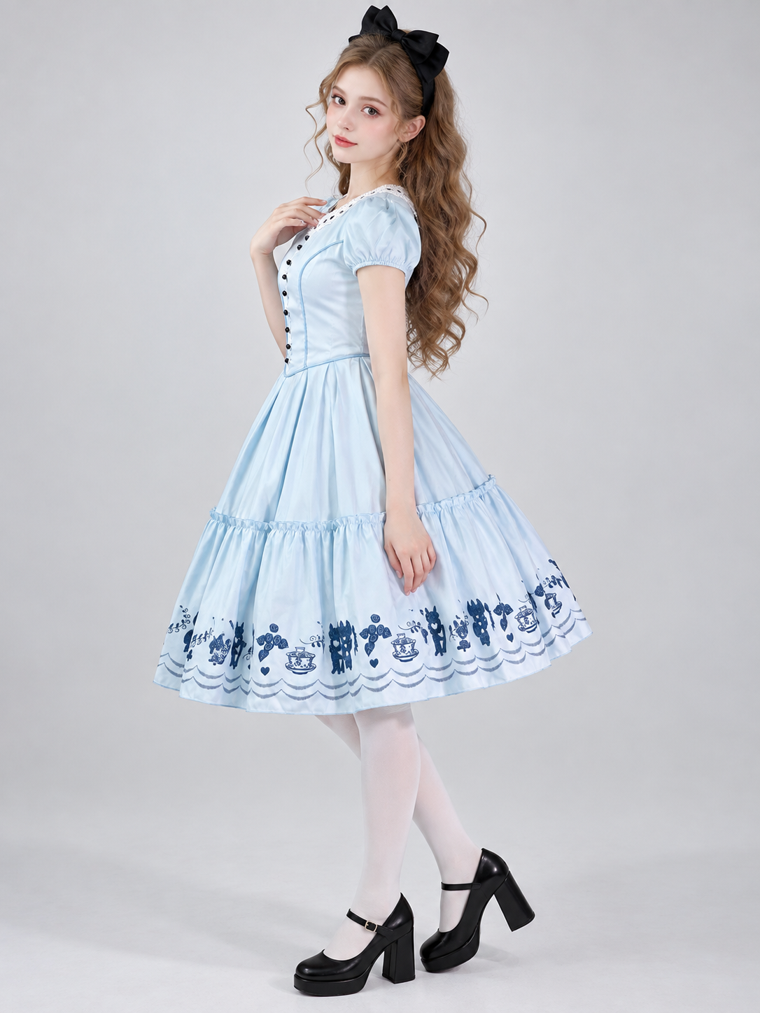 Light blue Lolita-style dress with black bow