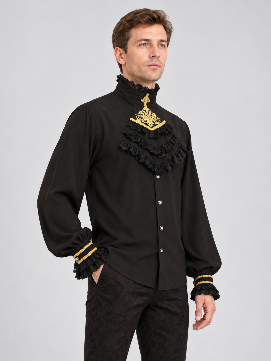 Black long-sleeved shirt with a jabot and gold trim