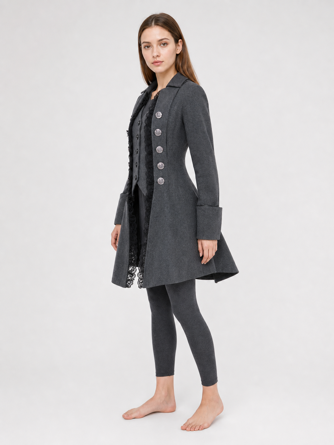 Long Gothic-Style Coat with Lace Trim