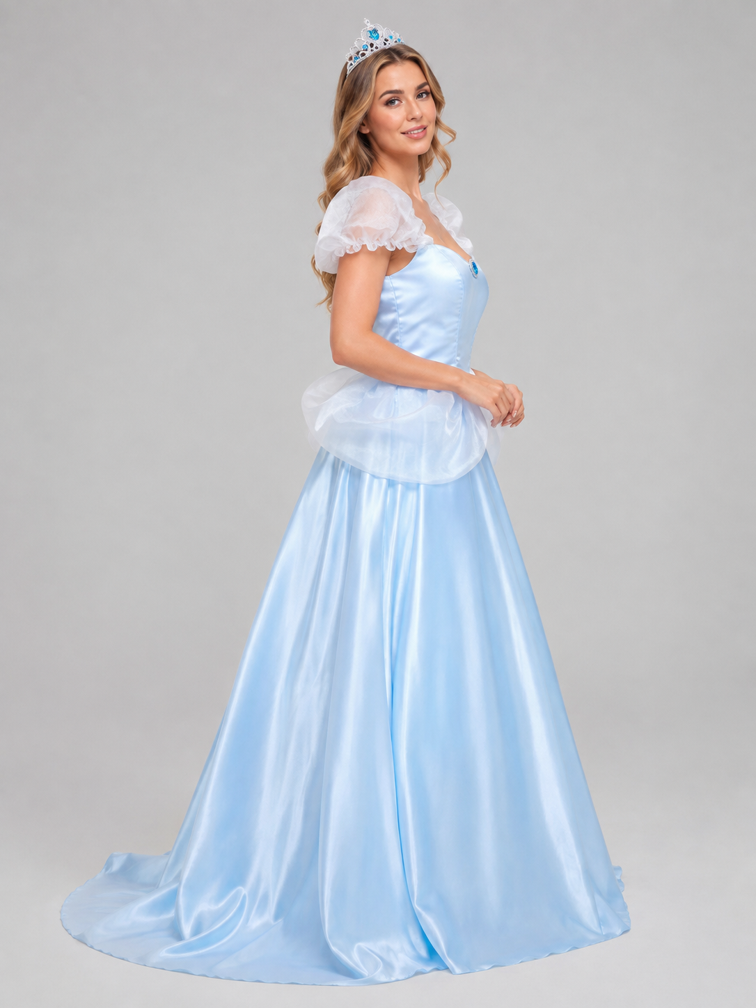 Costume Dress with Train and Blue Brooch side view