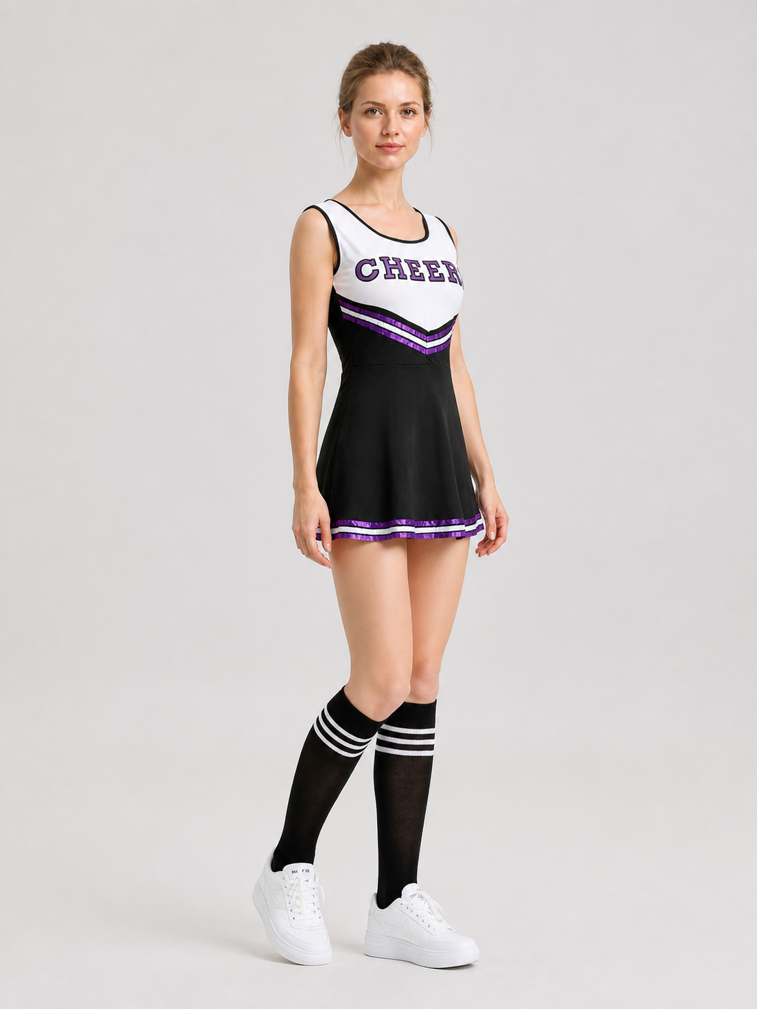 “Cheers” Cheerleading Dress with Striped Knee-High Socks side view