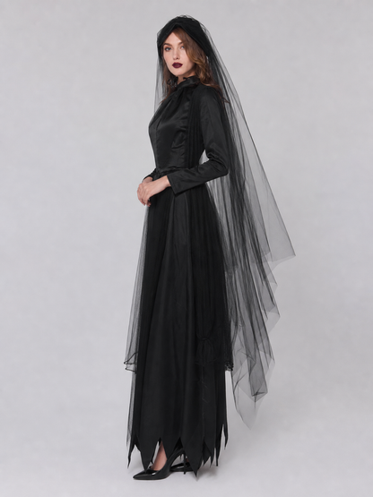 Black Gothic Vampire Dress with Long Veil for a Role-Playing Look