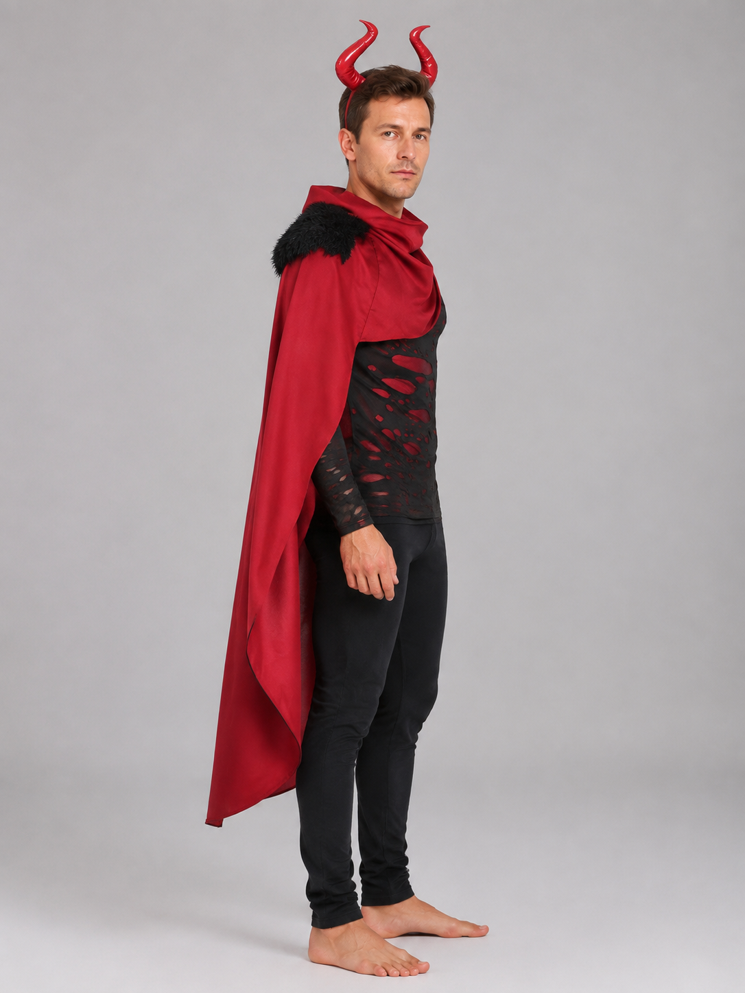 Demon Costume with Red Cape and Horns side view