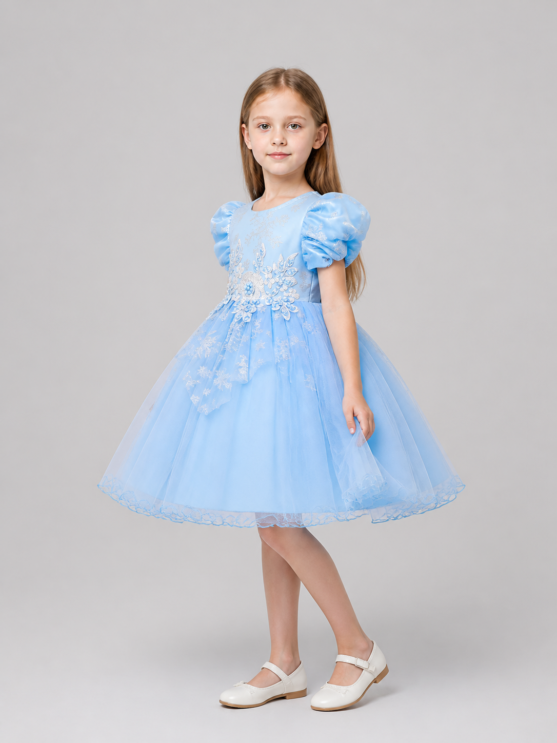Children’s Princess Dress with Snowflakes and a Full Skirt side view