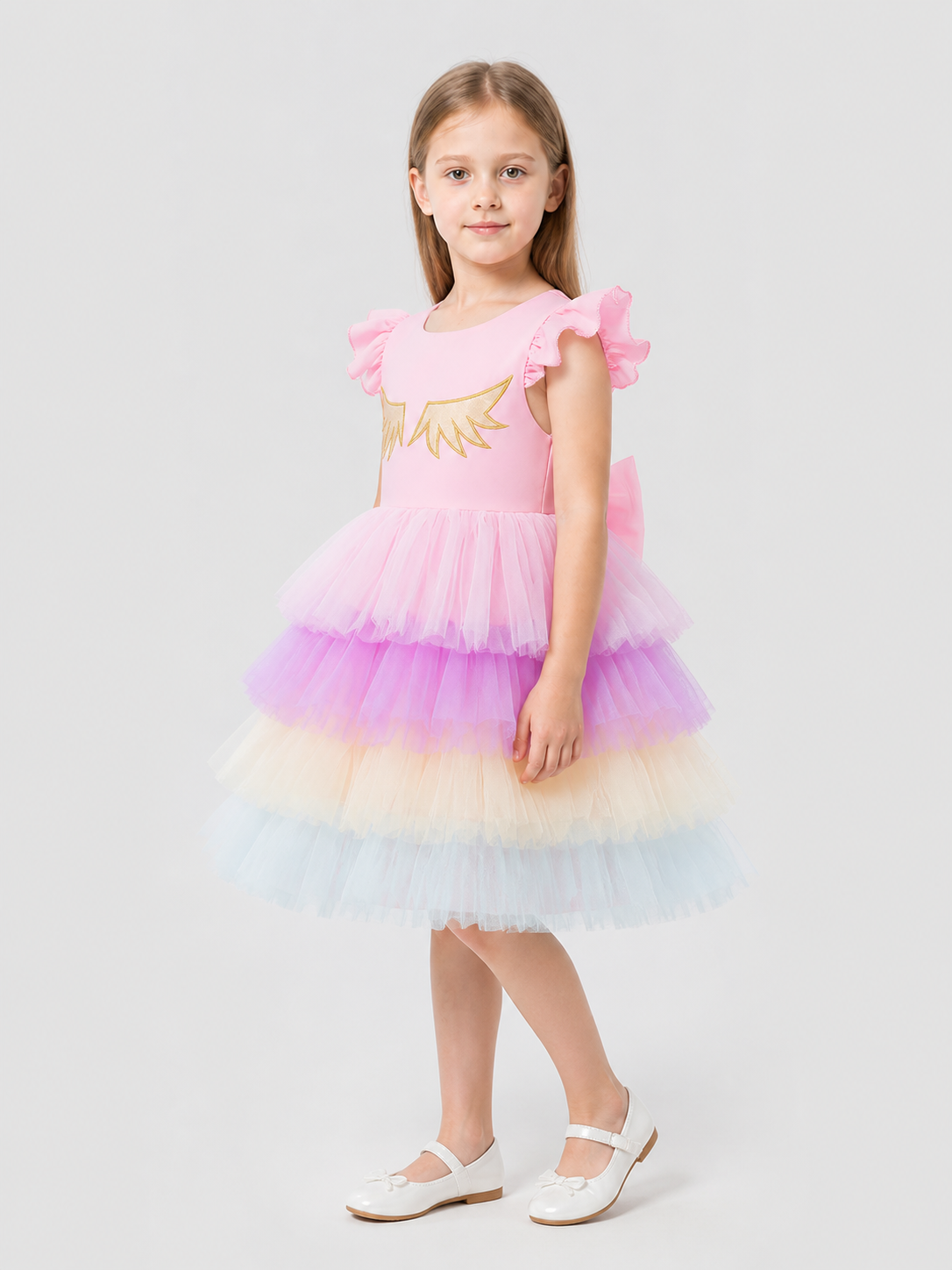 Children's Princess Dress with Rainbow Tulle Skirt side view