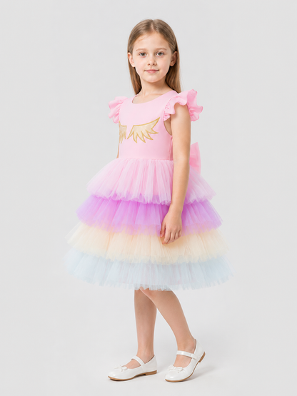 Children's Princess Dress with Rainbow Tulle Skirt side view