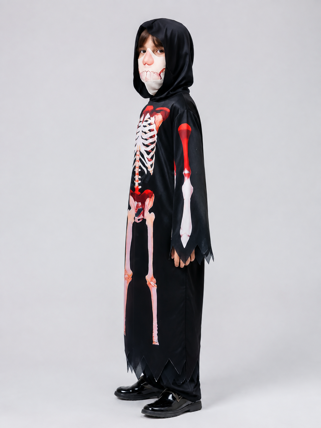 Children's Halloween Death Costume with Skeleton Print side view