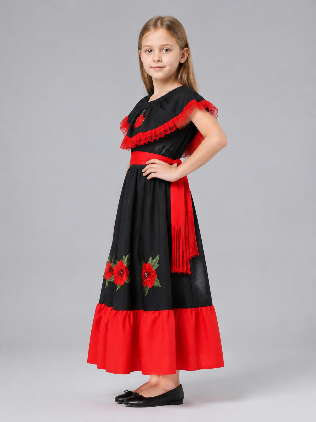 Children's Carnival Dress with Red Ruffle and Belt side view