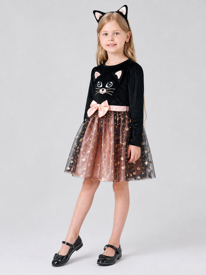 Carnival Dress with Cat Print and Full Skirt side view