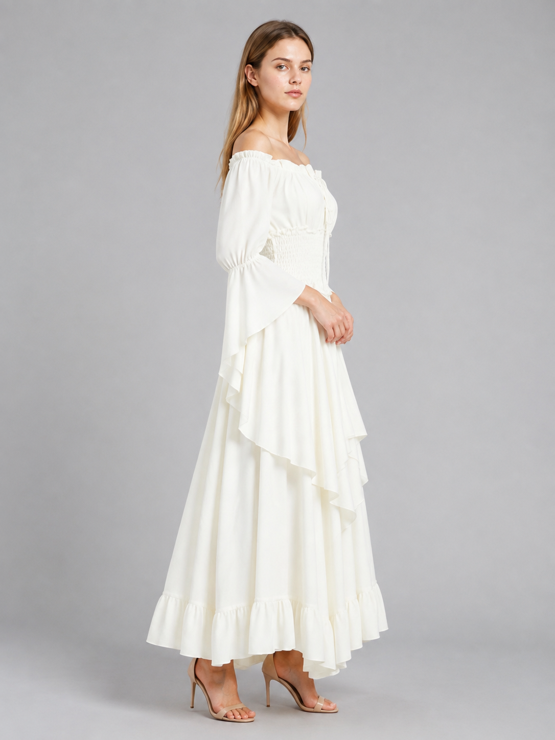 Long White Off-the-Shoulder Dress with Lacing side view