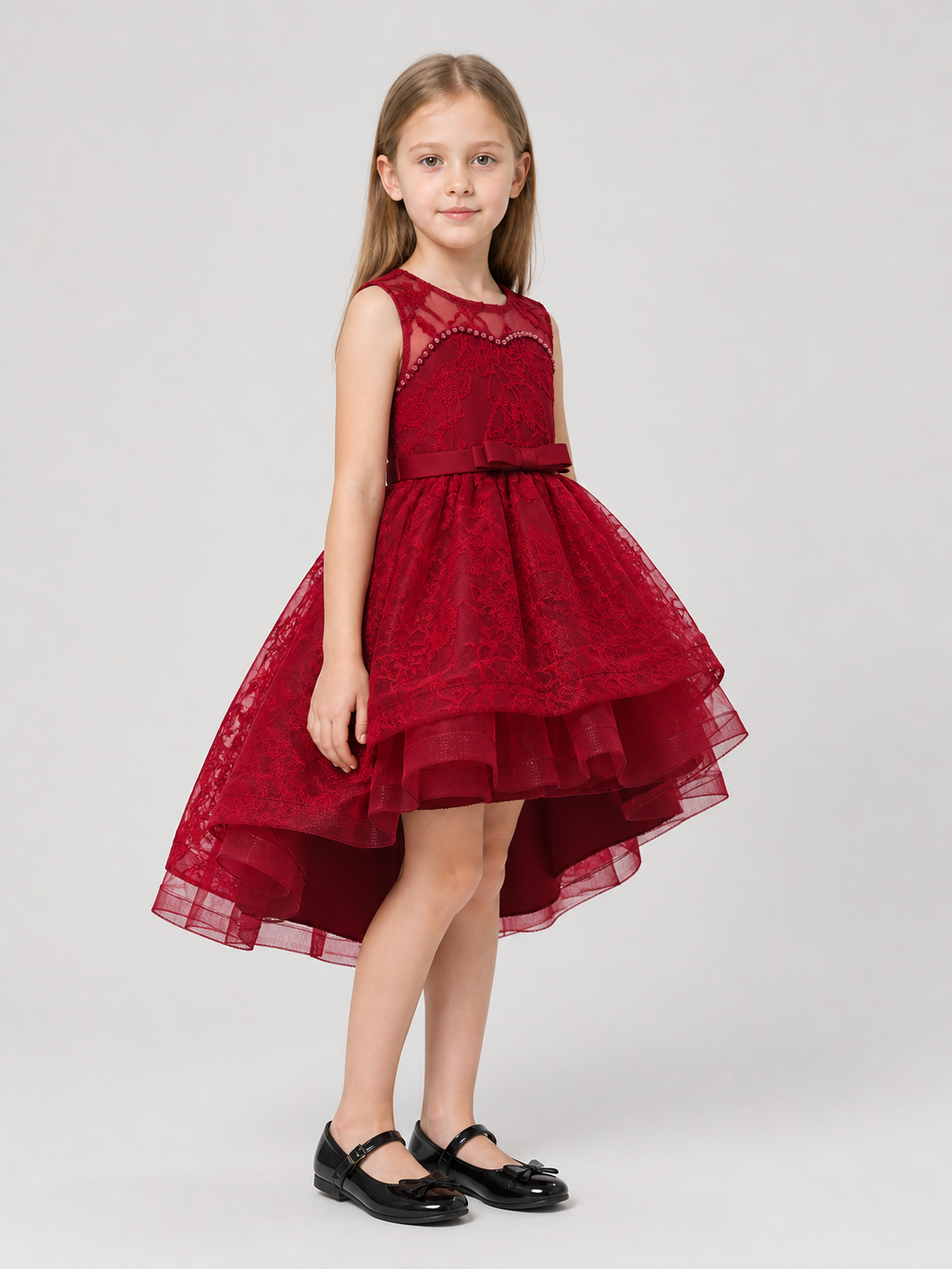 Dressy Dress with Lace, Bow, and Full Skirt side view