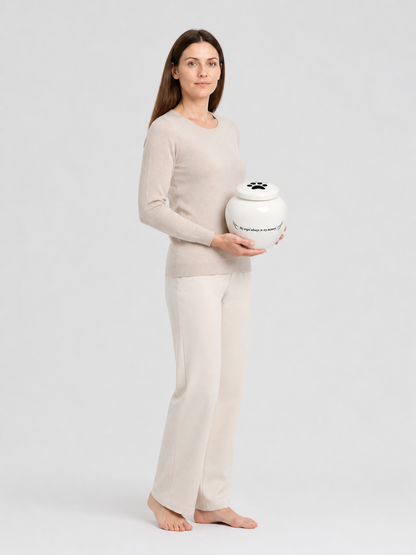 Round White Ash Urn with Lid and Wings side view
