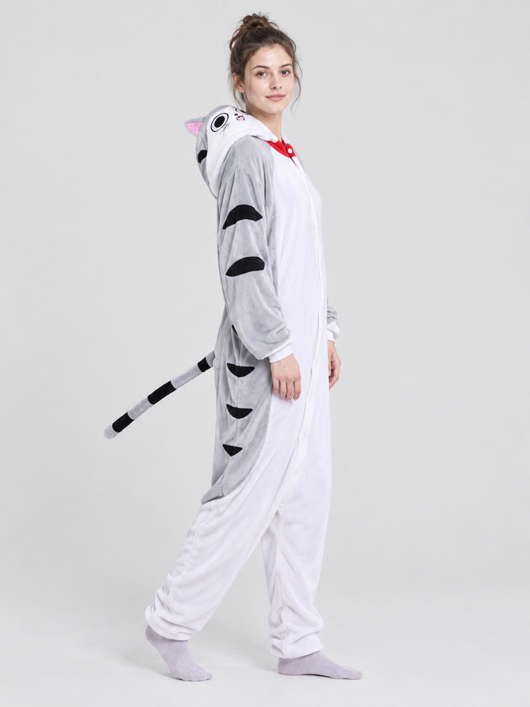 Gray-white hooded pajama jumpsuit with tail
