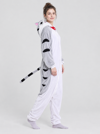 Gray-white hooded pajama jumpsuit with tail