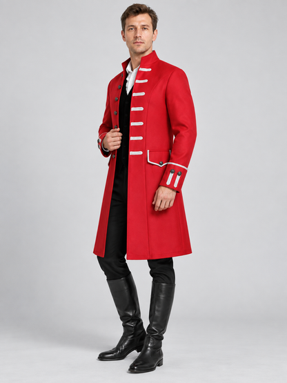 Long Red Frock Coat with Contrasting Trim