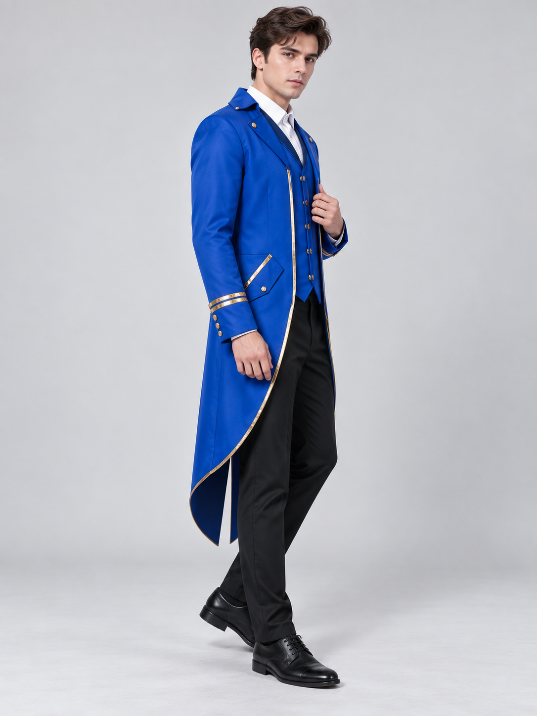 Long blue tailcoat with gold trim and buttons