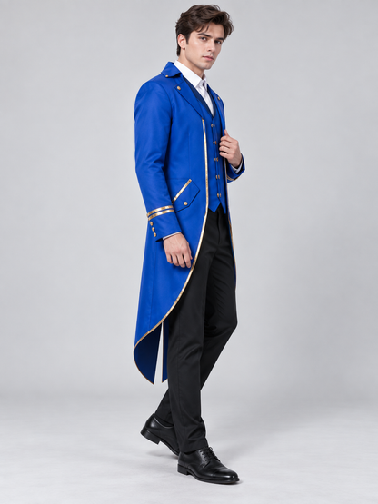 Long blue tailcoat with gold trim and buttons