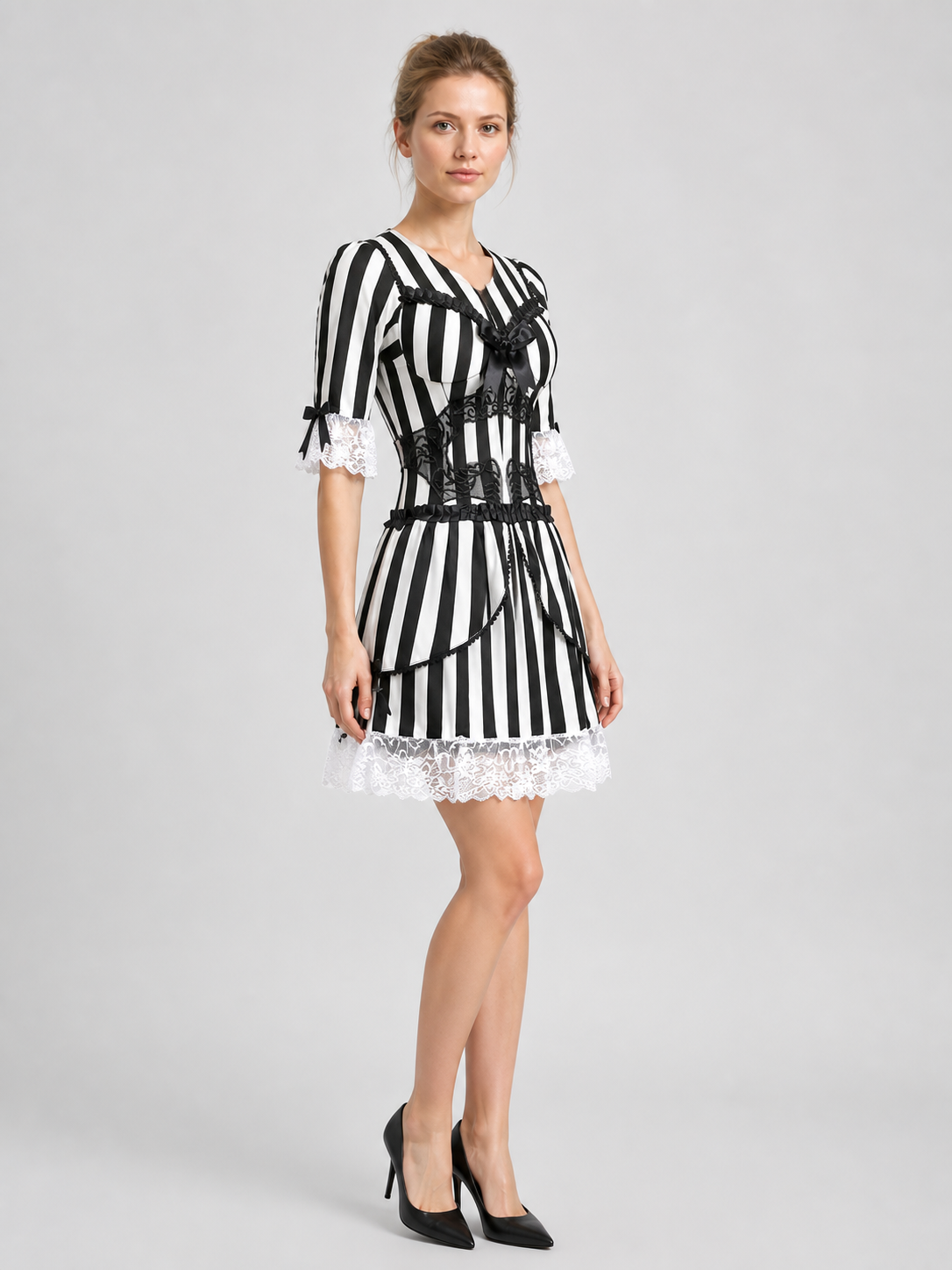 Black and White Striped Halloween Dress with Lace side view