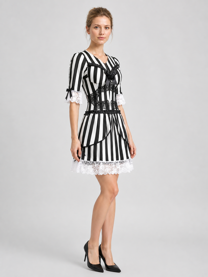 Black and White Striped Halloween Dress with Lace side view