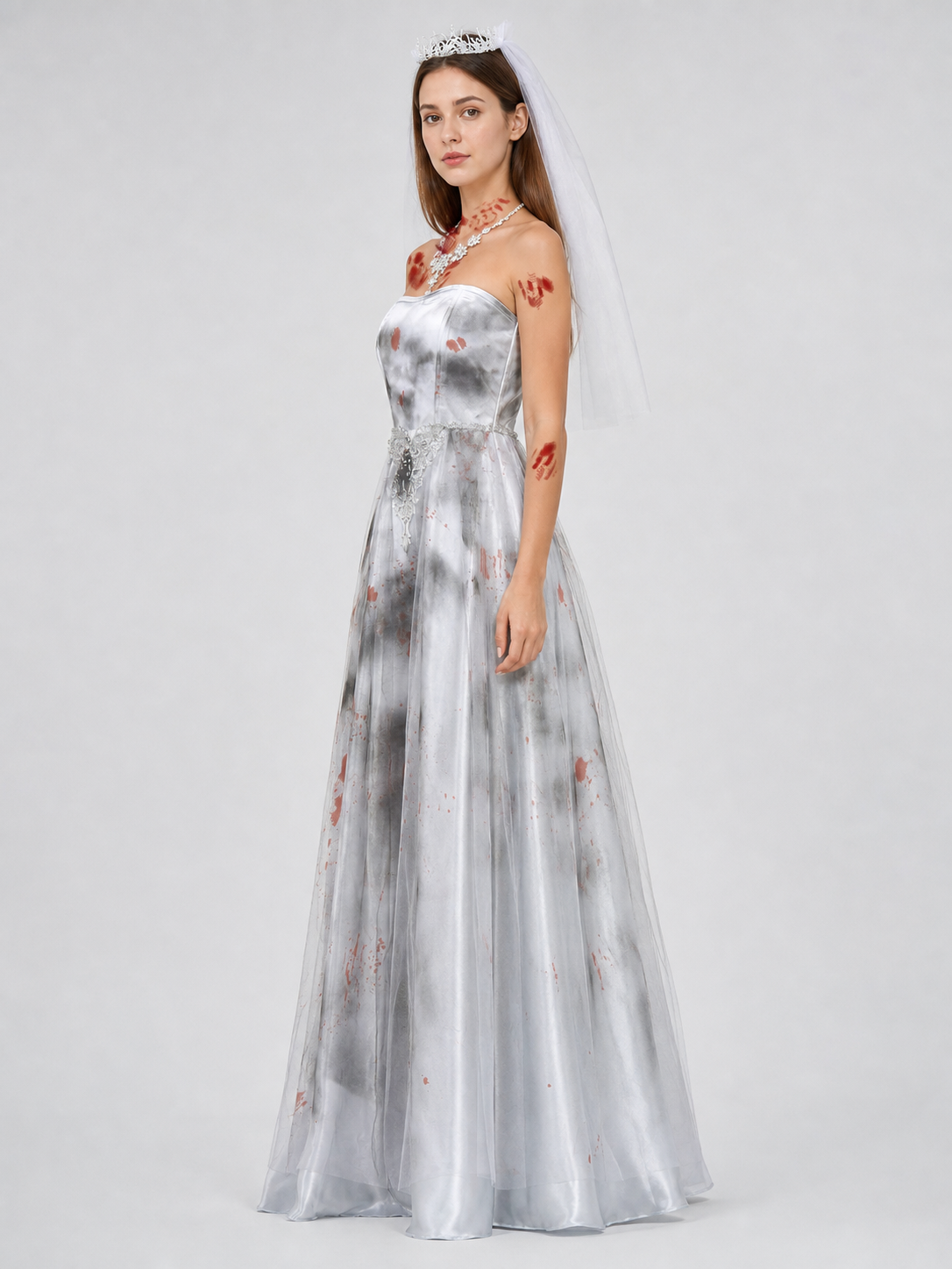 Long Bustier Dress with Red Accents and Decorative Details side view
