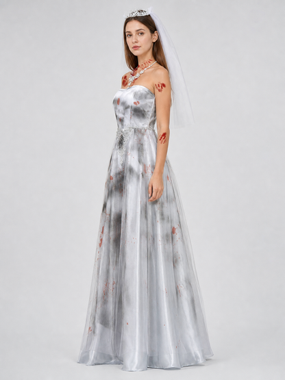 Long Bustier Dress with Red Accents and Decorative Details side view