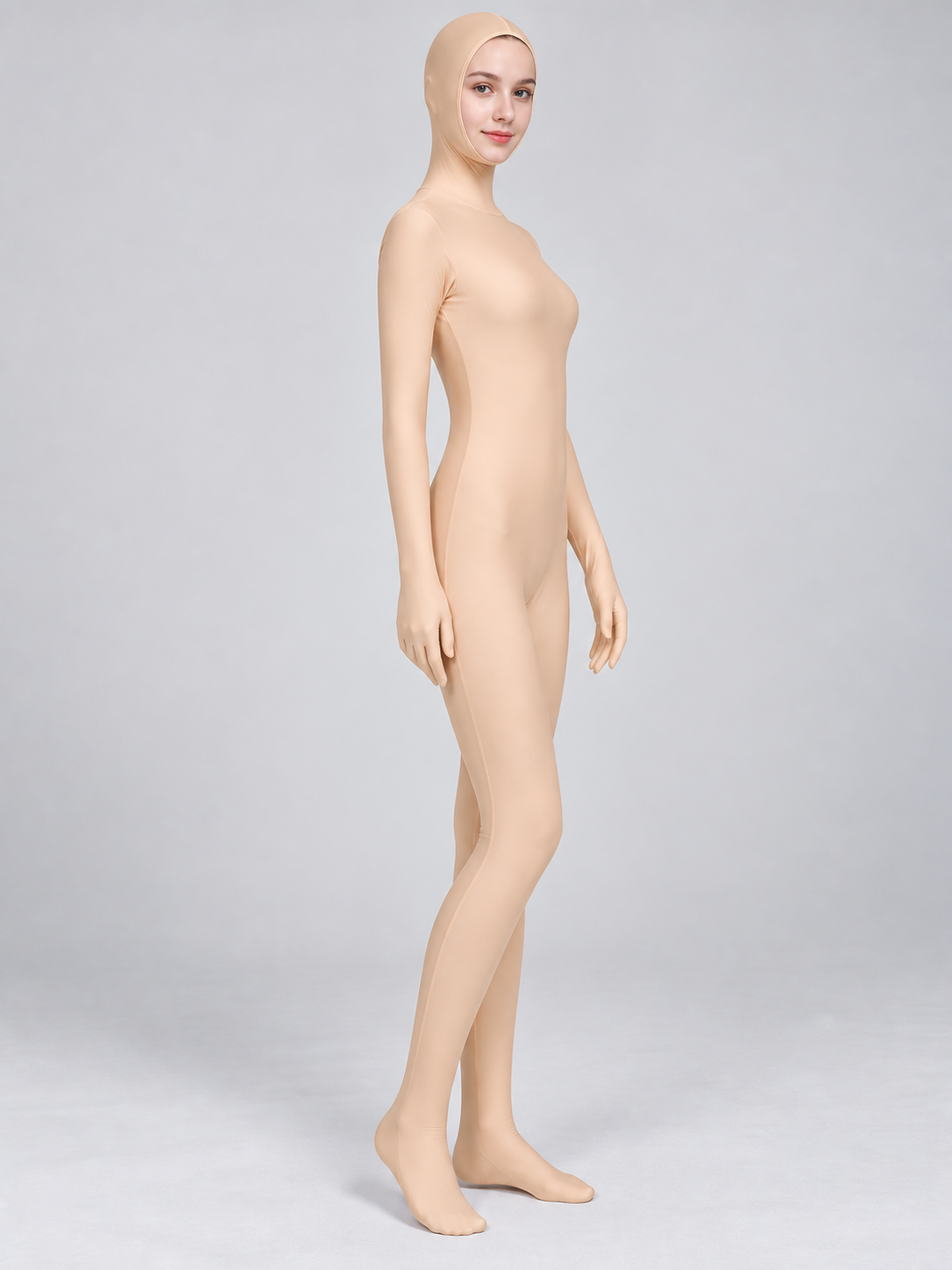 Nude Beige Zentai Suit with Hood and Zipper