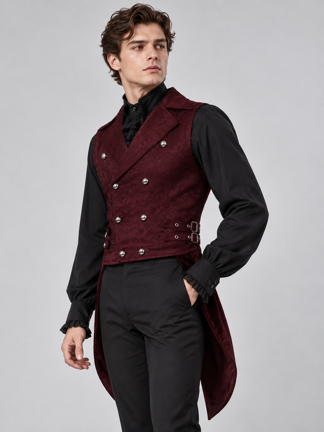 Tailcoat Vest Burgundy Jacquard Double-Breasted