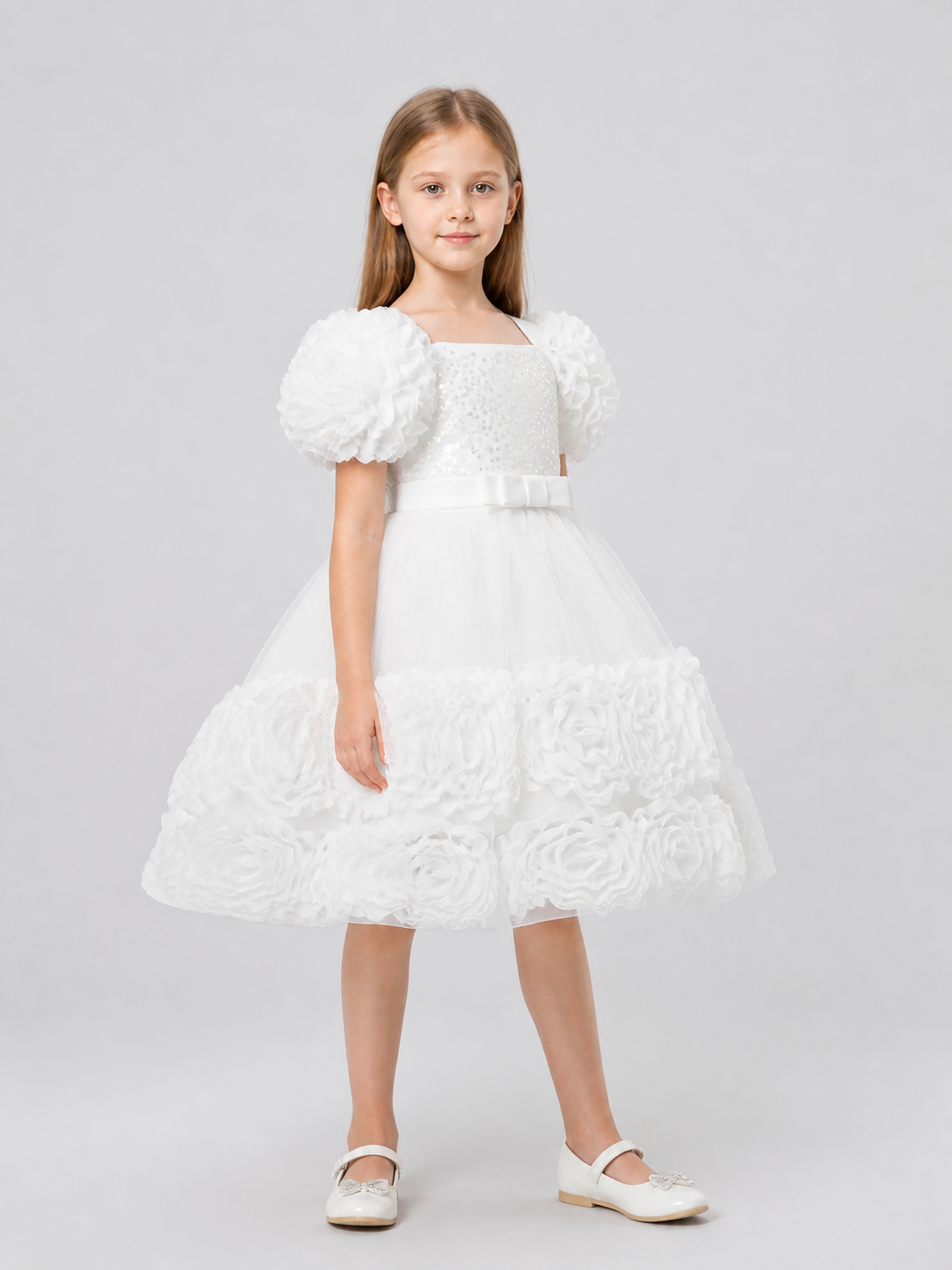 Princess Dress with Sequins, Full Skirt, and Puff Sleeves